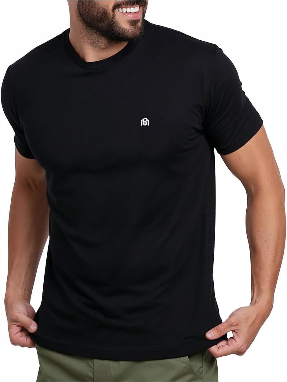 Men's Cotton Blend Crew Neck Tee - Athletic Fit with 4-Way Stretch and a Tag-Free Collar for Gym and Daily Wear - Logo (