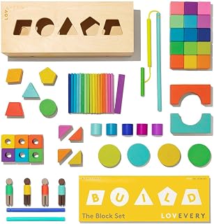 LOVEVERY The Block Set Solid Wood Building Blocks and Shapes + Wooden Storage Box, 70 Pieces, 18 Colors, 20+ Activities, Todd