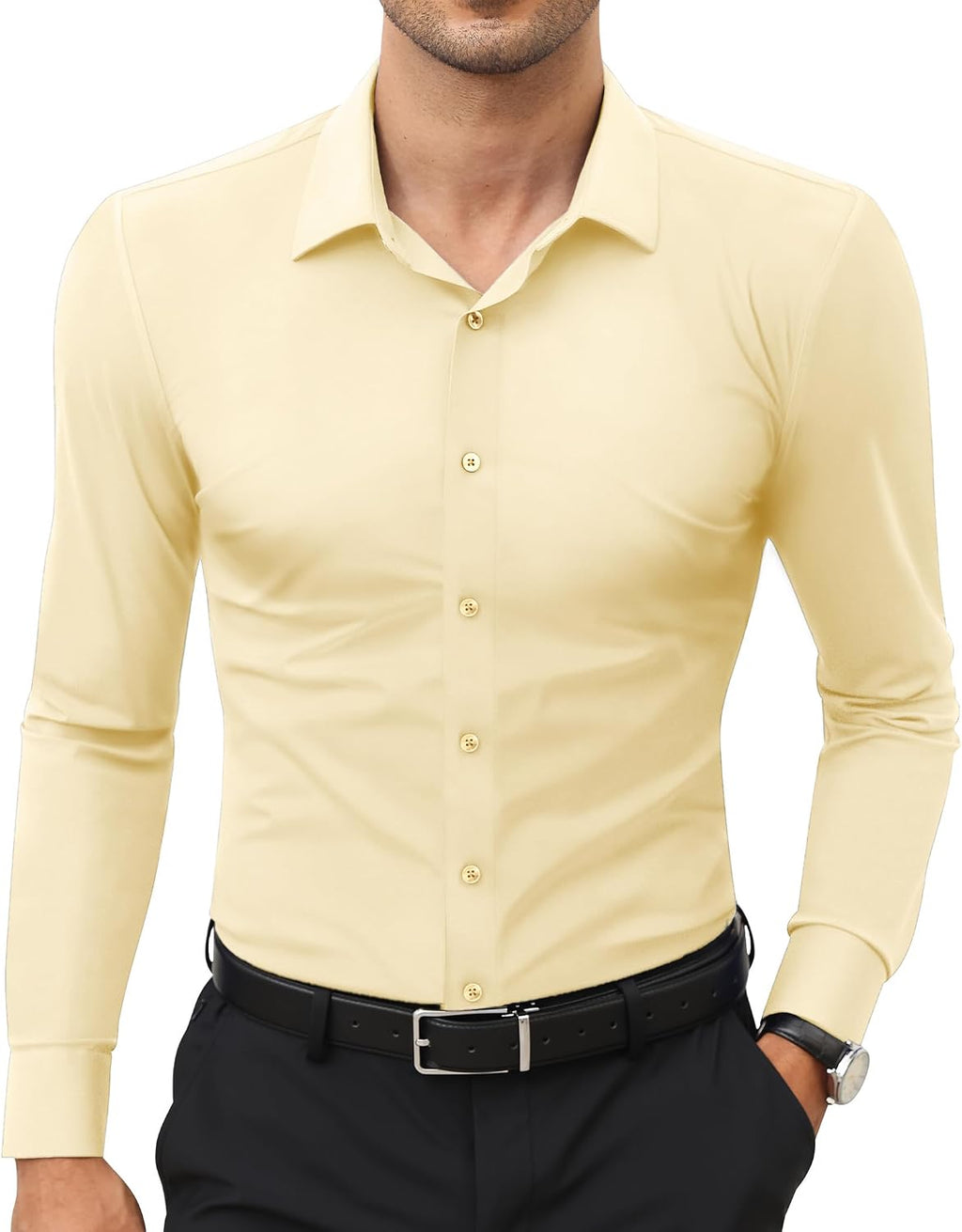 Men's Stretch Dress Shirt - Long Sleeve Slim Muscle Fit, Wrinkle Free Button Down for Office and Evening Wear - Large