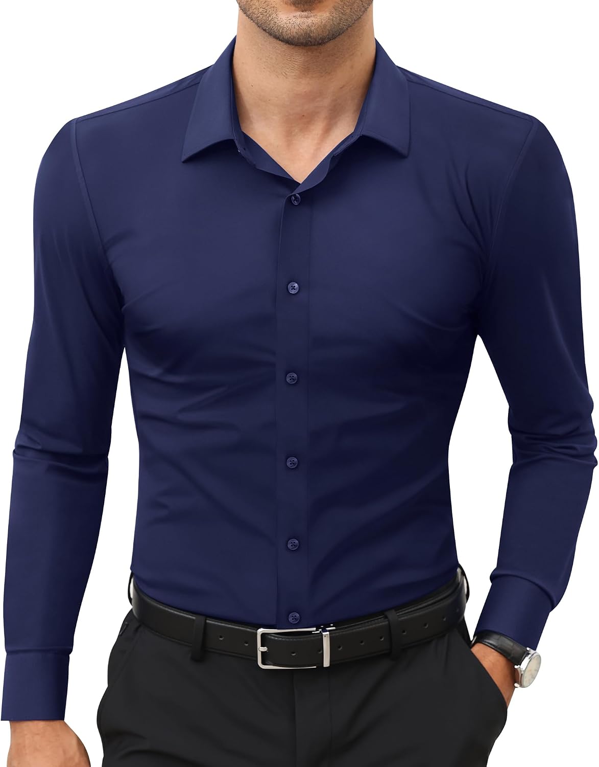 Men's Stretch Dress Shirt - Long Sleeve Slim Muscle Fit, Wrinkle Free Button Down for Office and Evening Wear - Small
