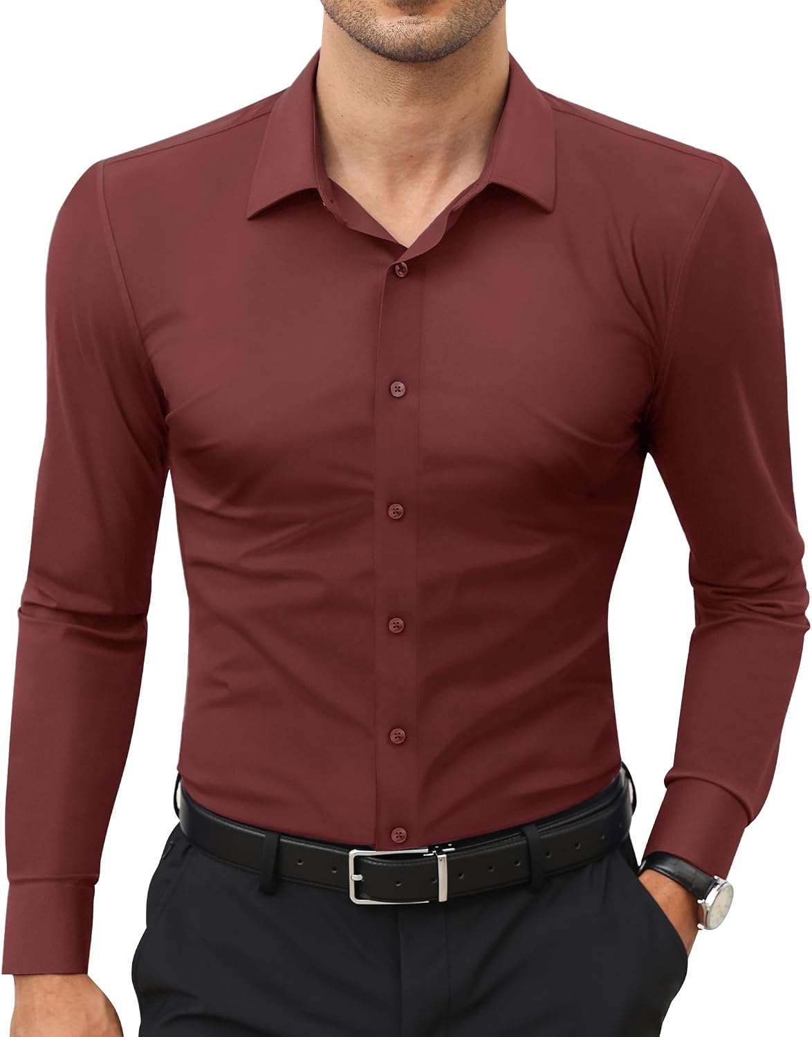Men's Stretch Dress Shirt - Long Sleeve Slim Muscle Fit, Wrinkle Free Button Down for Office and Evening Wear - Large