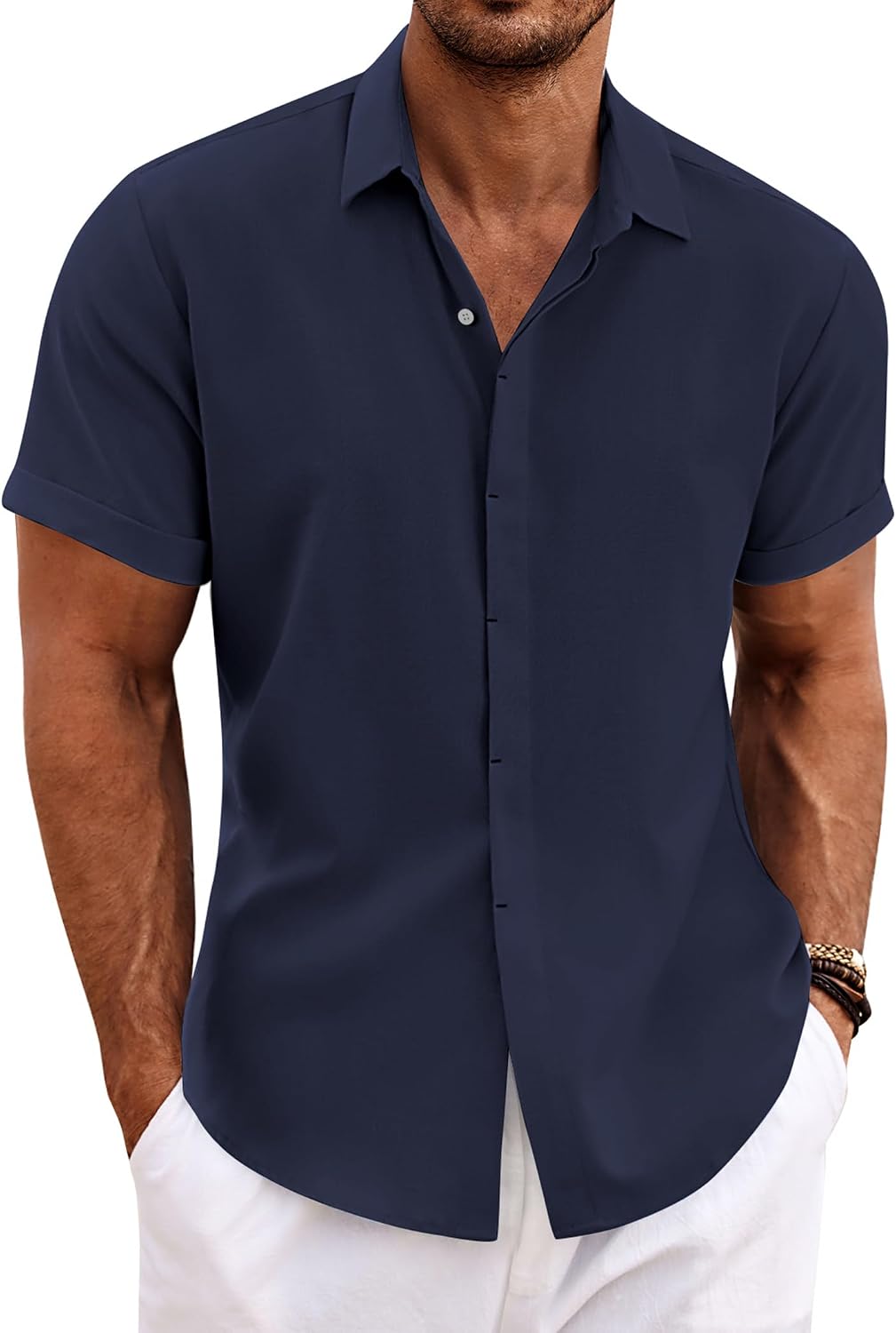 Men's Linen Blend Short Sleeve Shirt - Button Down Casual Fit, Lightweight and Breathable for Summer Beach Weddings - Me