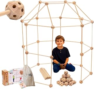 MIND KIDZ Wooden Fort Building Kit for Kids - STEM Montessori Construction Toy - 82 Pieces Fort Builder Play Set with Big Cot