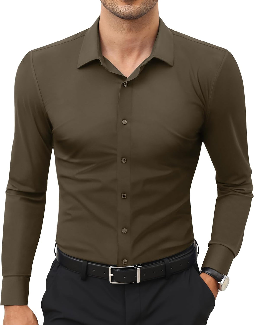 Men's Stretch Dress Shirt - Long Sleeve Slim Muscle Fit, Wrinkle Free Button Down for Office and Evening Wear - Medium