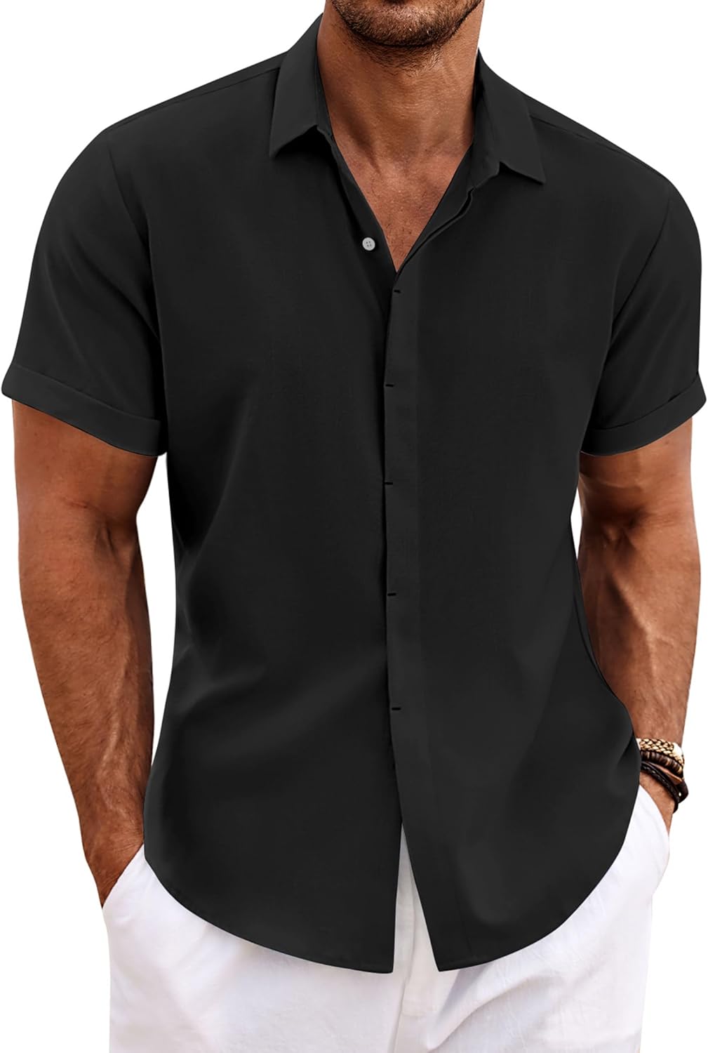 Men's Linen Blend Short Sleeve Shirt - Button Down Casual Fit, Lightweight and Breathable for Summer Beach Weddings - XX