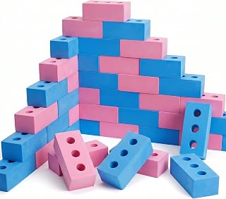 Pink and blue foam bricks stacked into a wall