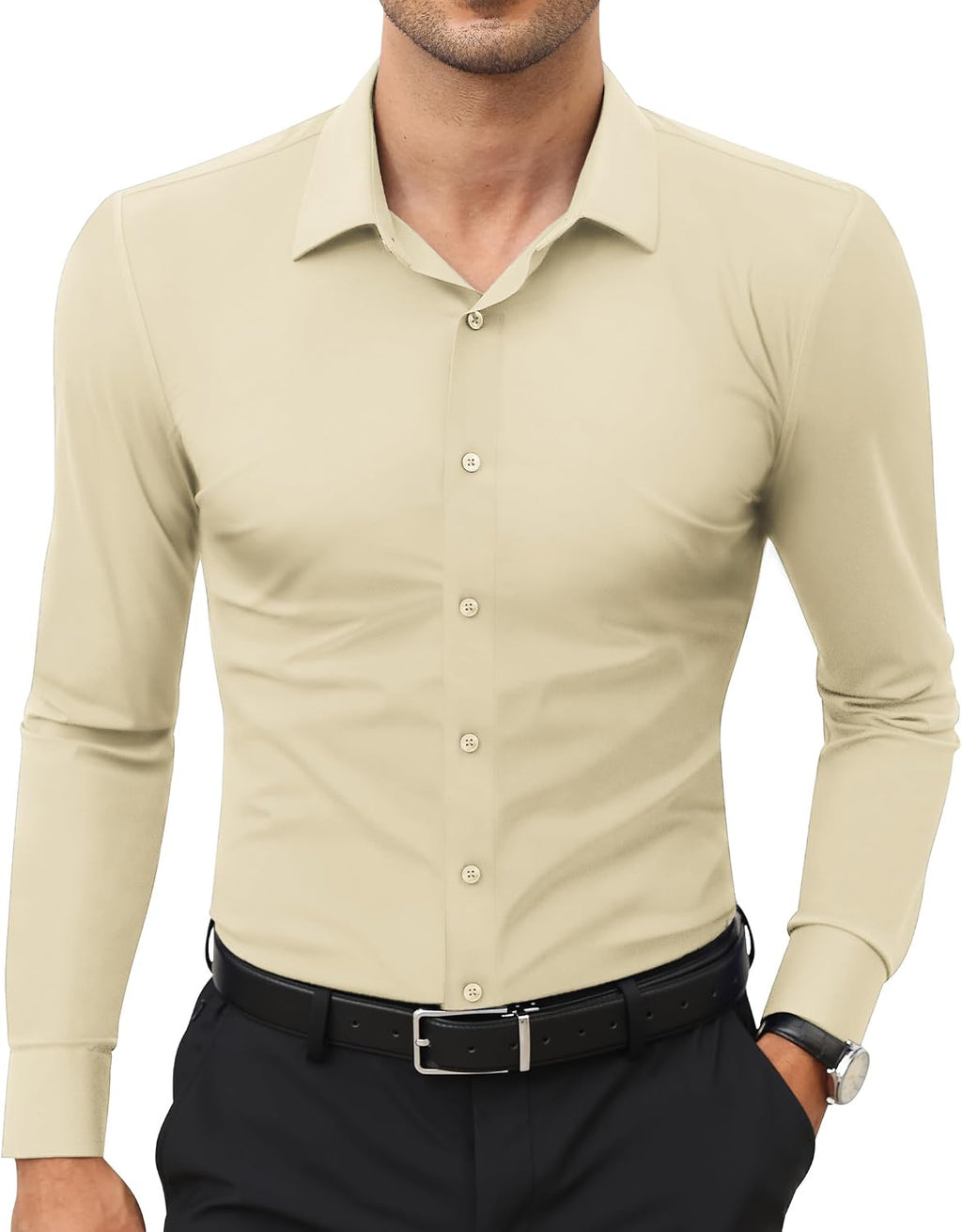 Men's Stretch Dress Shirt - Long Sleeve Slim Muscle Fit, Wrinkle Free Button Down for Office and Evening Wear - Small