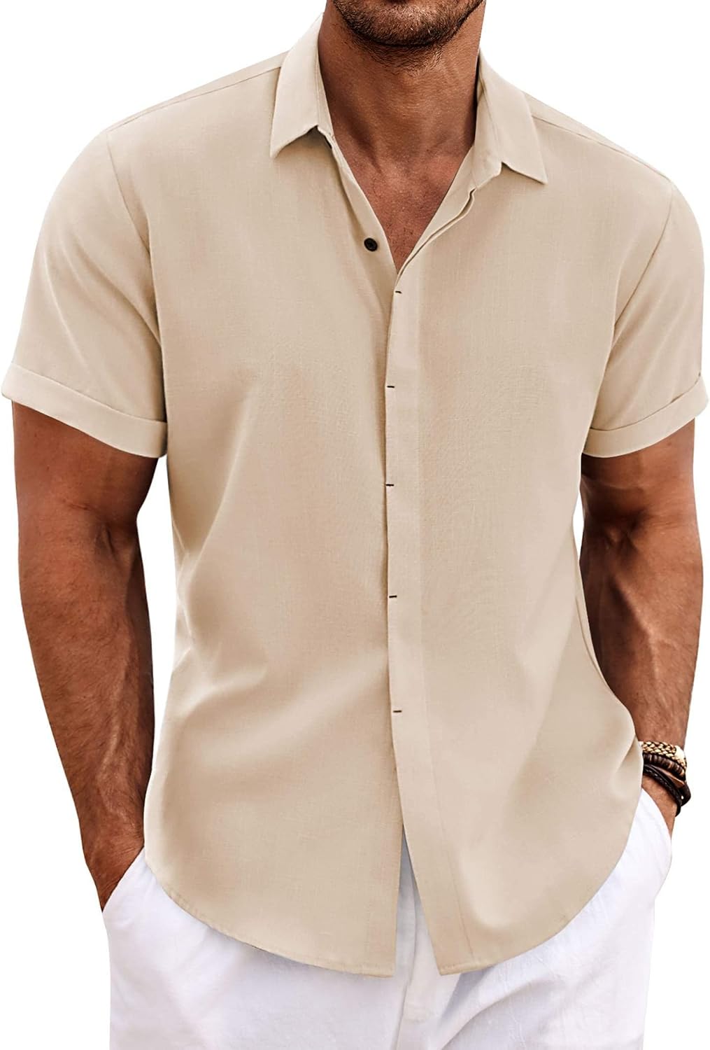 Men's Linen Blend Short Sleeve Shirt - Button Down Casual Fit, Lightweight and Breathable for Summer Beach Weddings - La
