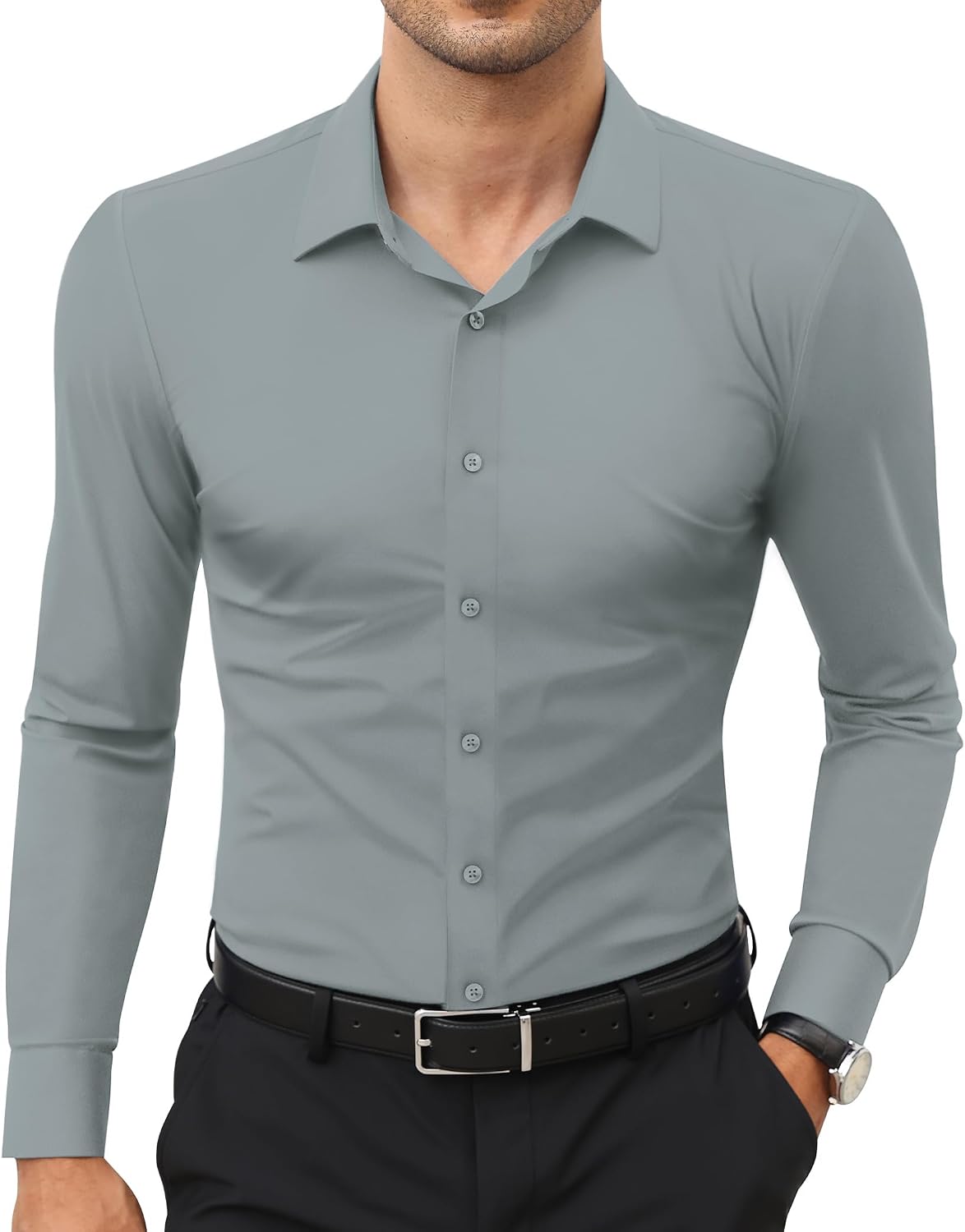 Men's Stretch Dress Shirt - Long Sleeve Slim Muscle Fit, Wrinkle Free Button Down for Office and Evening Wear - Medium