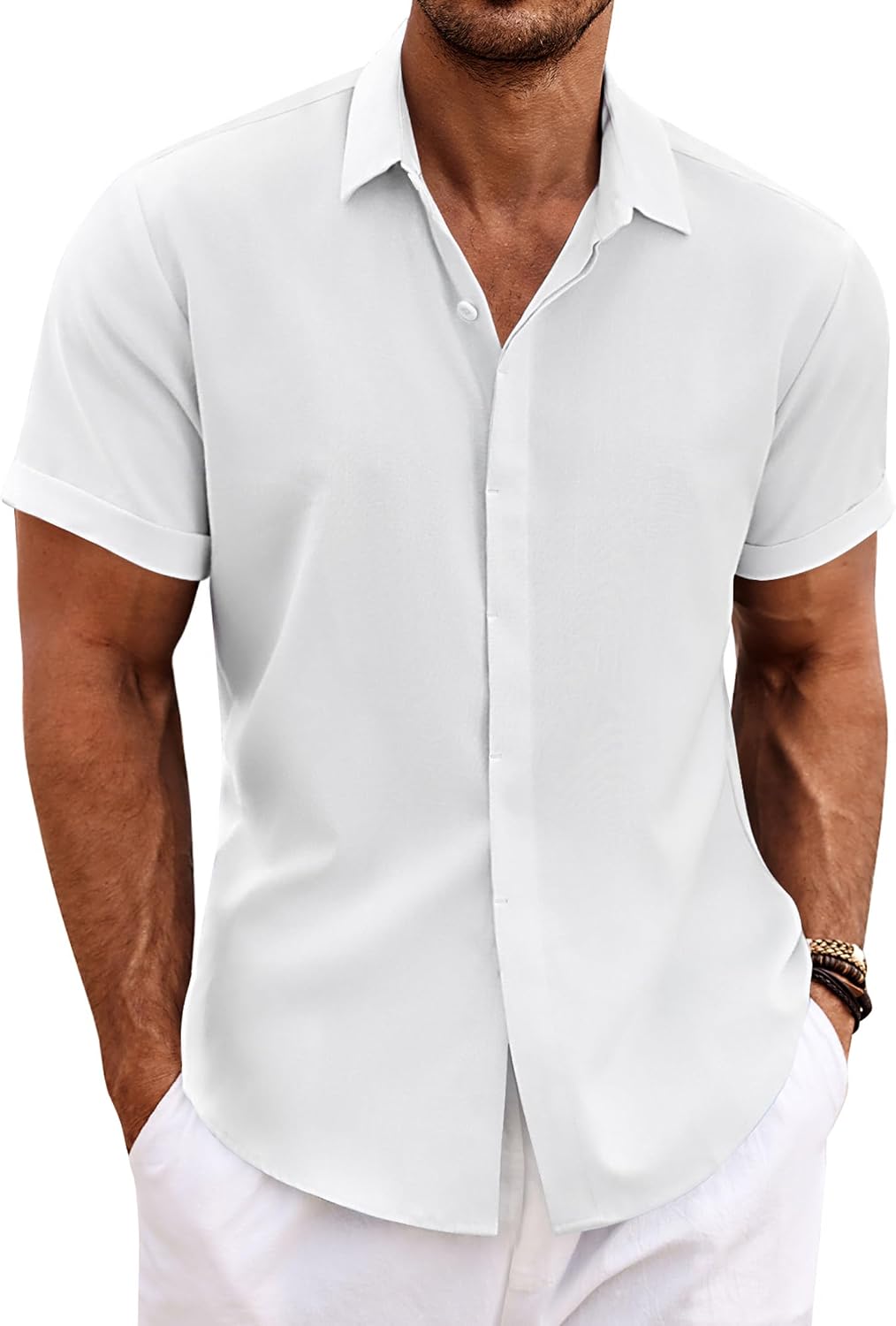 Men's Linen Blend Short Sleeve Shirt - Button Down Casual Fit, Lightweight and Breathable for Summer Beach Weddings - XX