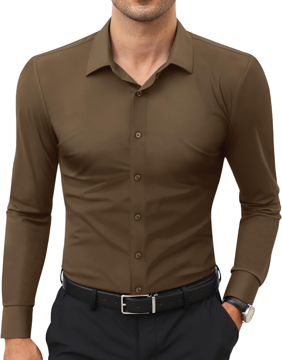 Men's Stretch Dress Shirt - Long Sleeve Slim Muscle Fit, Wrinkle Free Button Down for Office and Evening Wear - Small