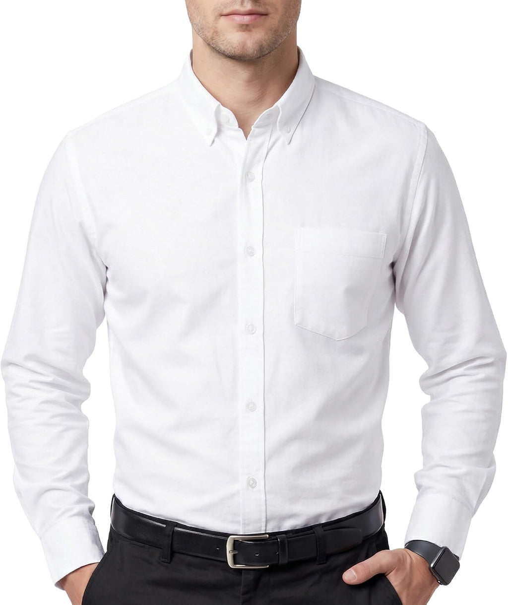 Men's Oxford Cotton Dress Shirt - Long Sleeve Regular Fit, Pre-Shrunk Button Down with Chest Pocket for Work - Small