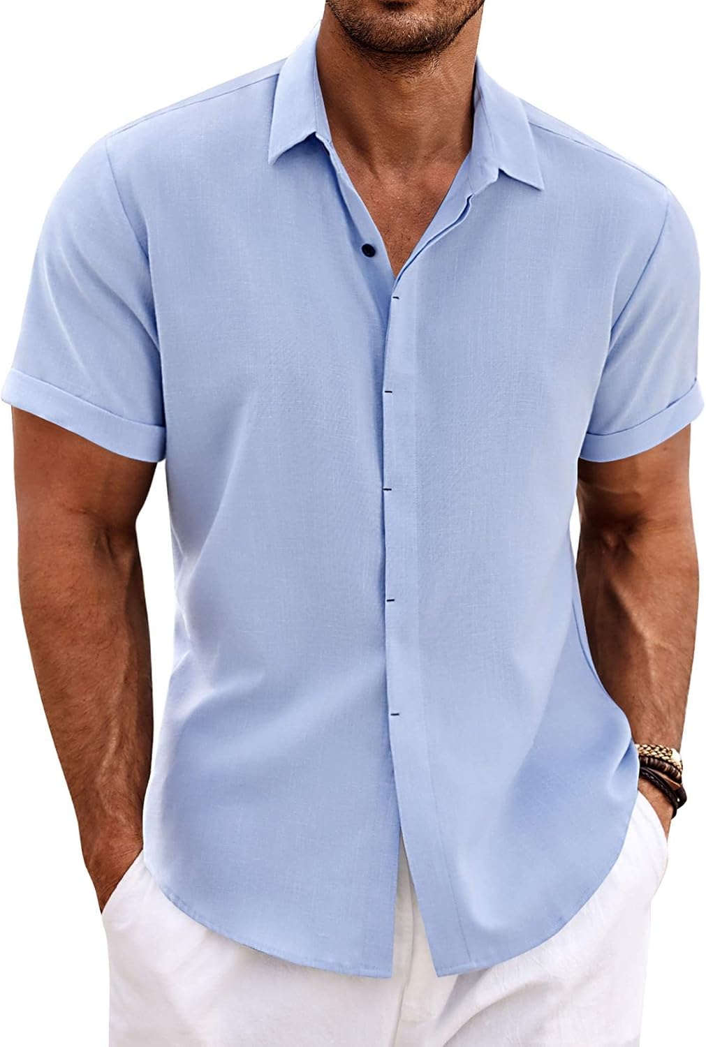 Men's Linen Blend Short Sleeve Shirt - Button Down Casual Fit, Lightweight and Breathable for Summer Beach Weddings - Me