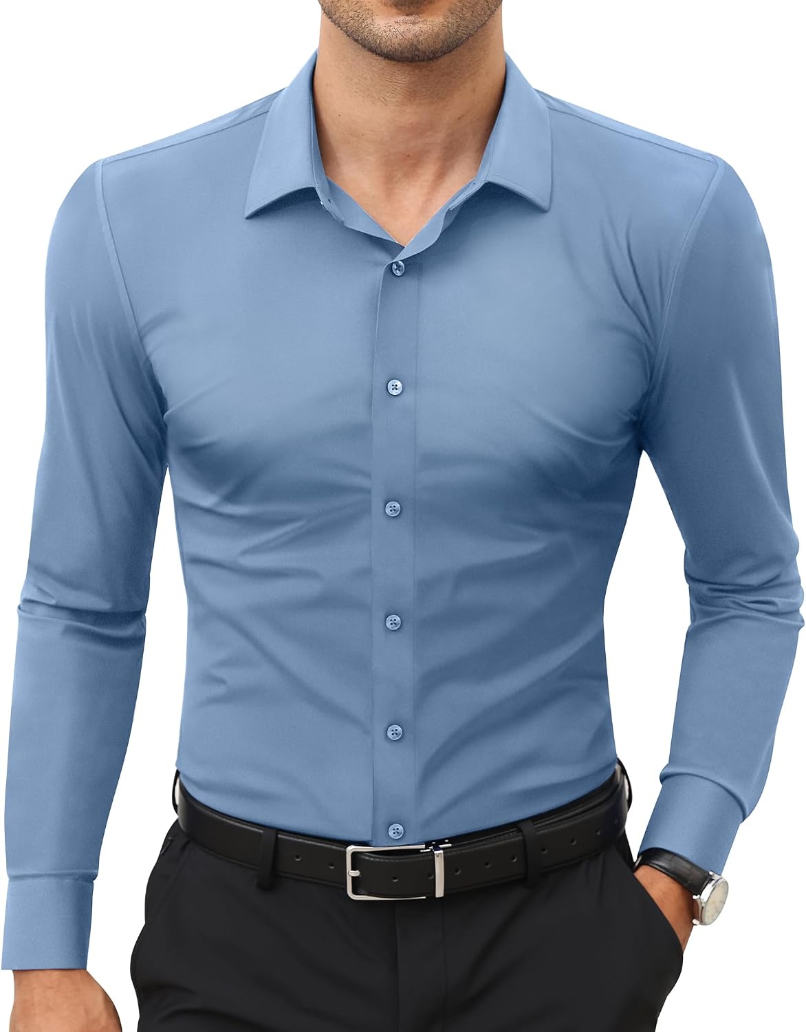 Men's Stretch Dress Shirt - Long Sleeve Slim Muscle Fit, Wrinkle Free Button Down for Office and Evening Wear - Medium