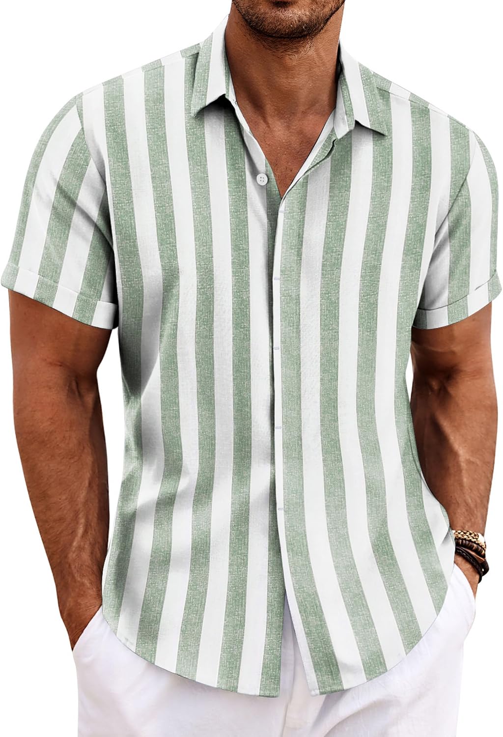Men's Linen Blend Short Sleeve Shirt - Button Down Casual Fit, Lightweight and Breathable for Summer Beach Weddings - La
