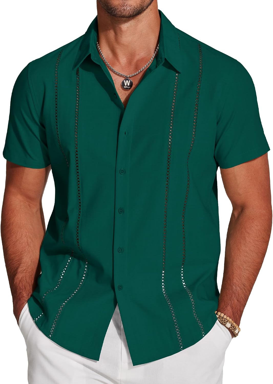 Men's Cuban Guayabera Shirt - Short Sleeve Linen Blend Button Down Casual Top for Summer Beach and Resort Days - Dark Bl