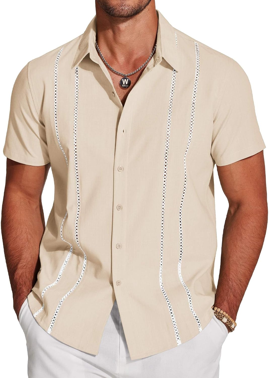 Men's Cuban Guayabera Shirt - Short Sleeve Linen Blend Button Down Casual Top for Summer Beach and Resort Days - White