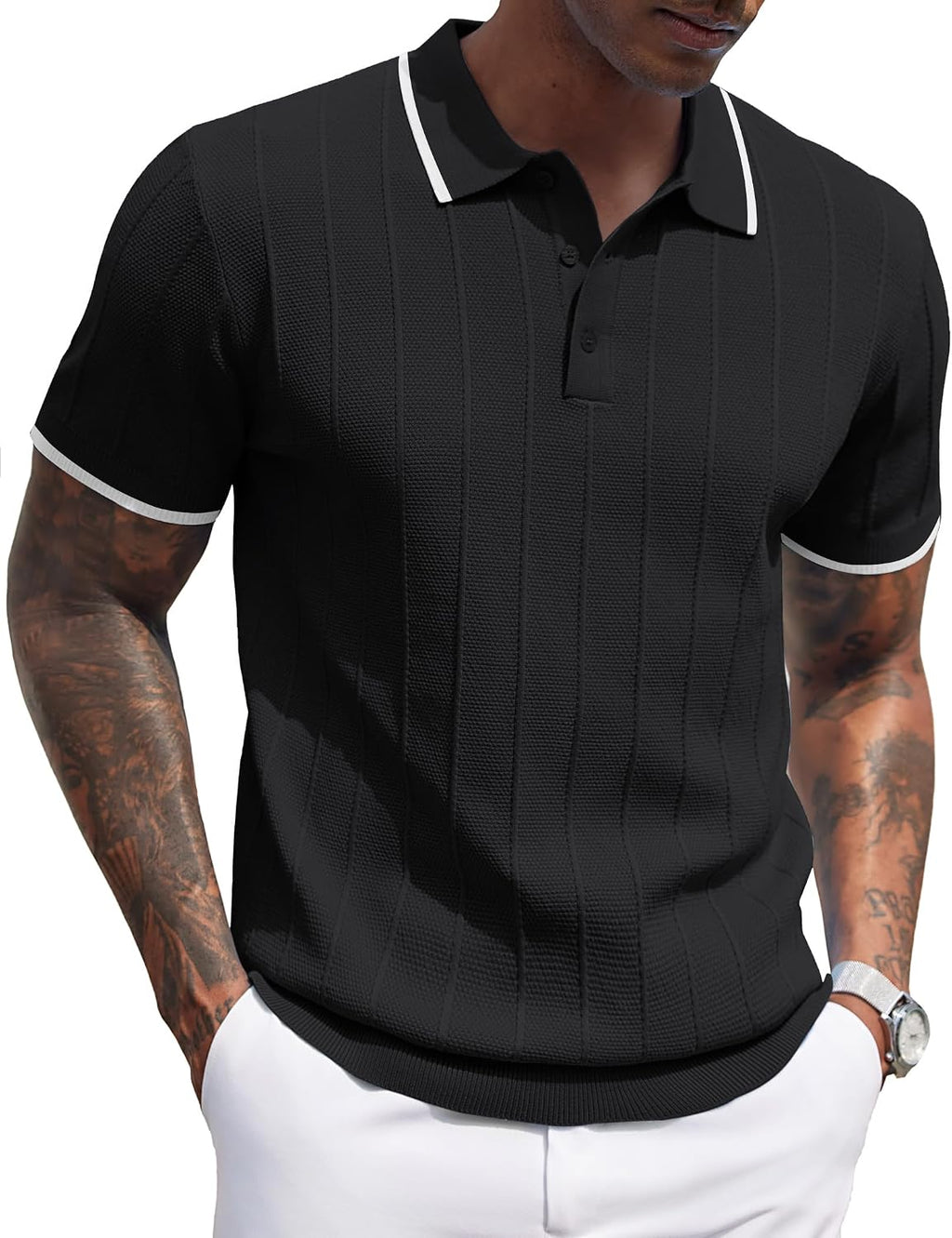 Men's Ribbed Knit Polo Shirt - Short Sleeve Textured Collared Top, Lightweight for Golf and Casual Evenings - Light Blue