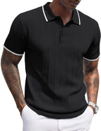 Men's Ribbed Knit Polo Shirt - Short Sleeve Textured Collared Top, Lightweight for Golf and Casual Evenings - Light Blue