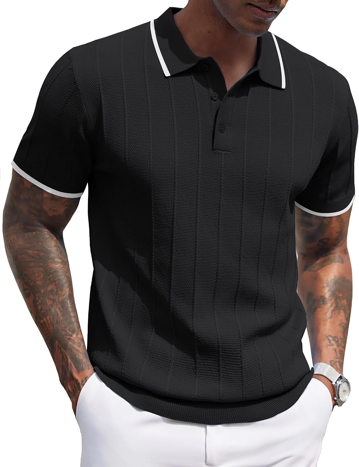 Men's Ribbed Knit Polo Shirt - Short Sleeve Textured Collared Top, Lightweight for Golf and Casual Evenings - Light Blue