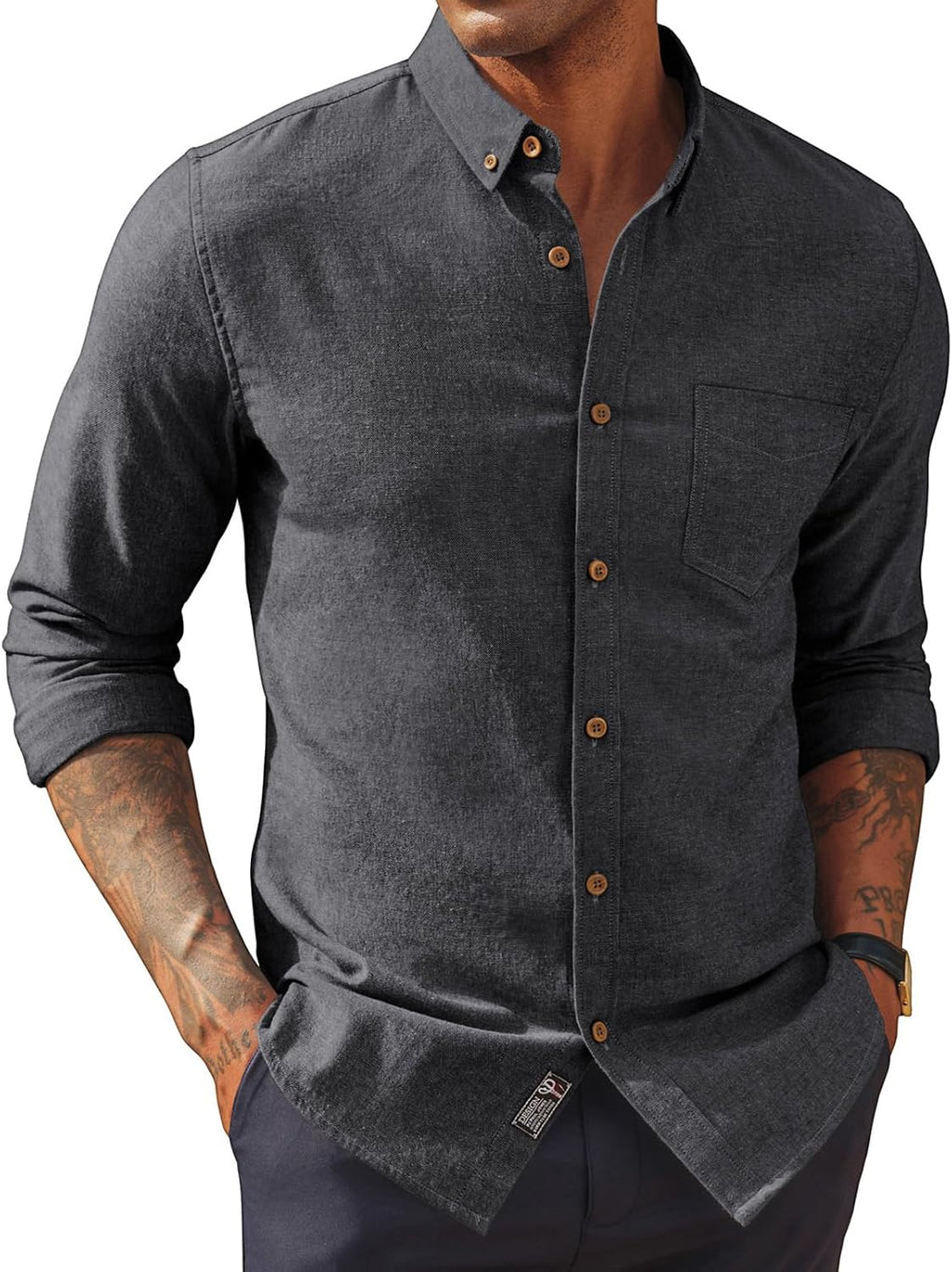 Men's Cotton Linen Button Down Shirt - Long Sleeve Classic Fit Untucked Top with Chest Pocket for Summer - Large