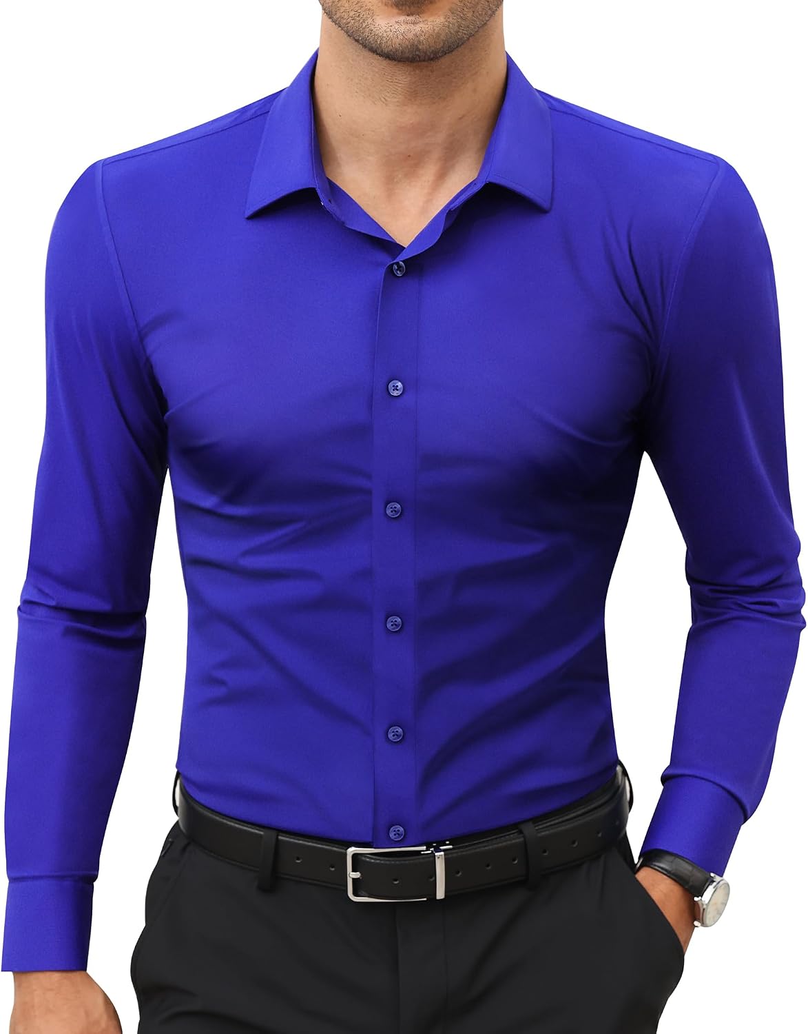 Men's Stretch Dress Shirt - Long Sleeve Slim Muscle Fit, Wrinkle Free Button Down for Office and Evening Wear - Medium