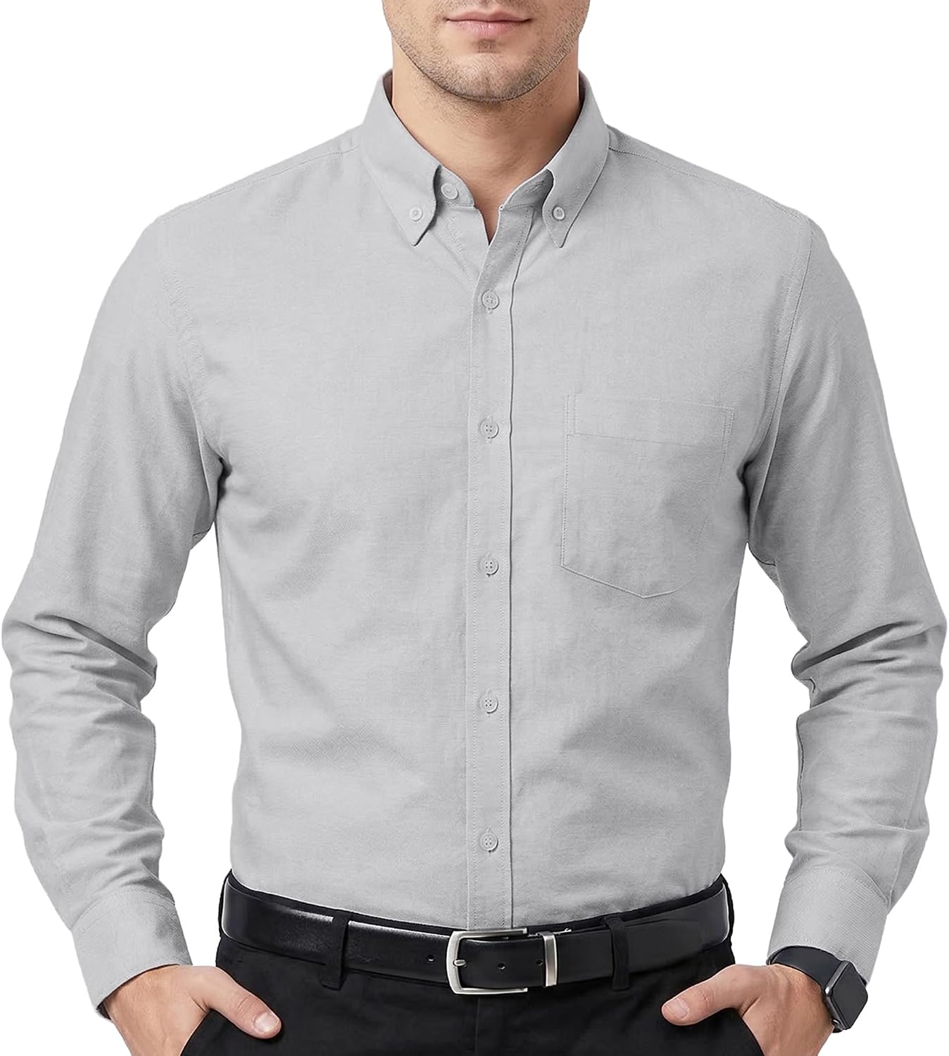 Men's Oxford Cotton Dress Shirt - Long Sleeve Regular Fit, Pre-Shrunk Button Down with Chest Pocket for Work - Large