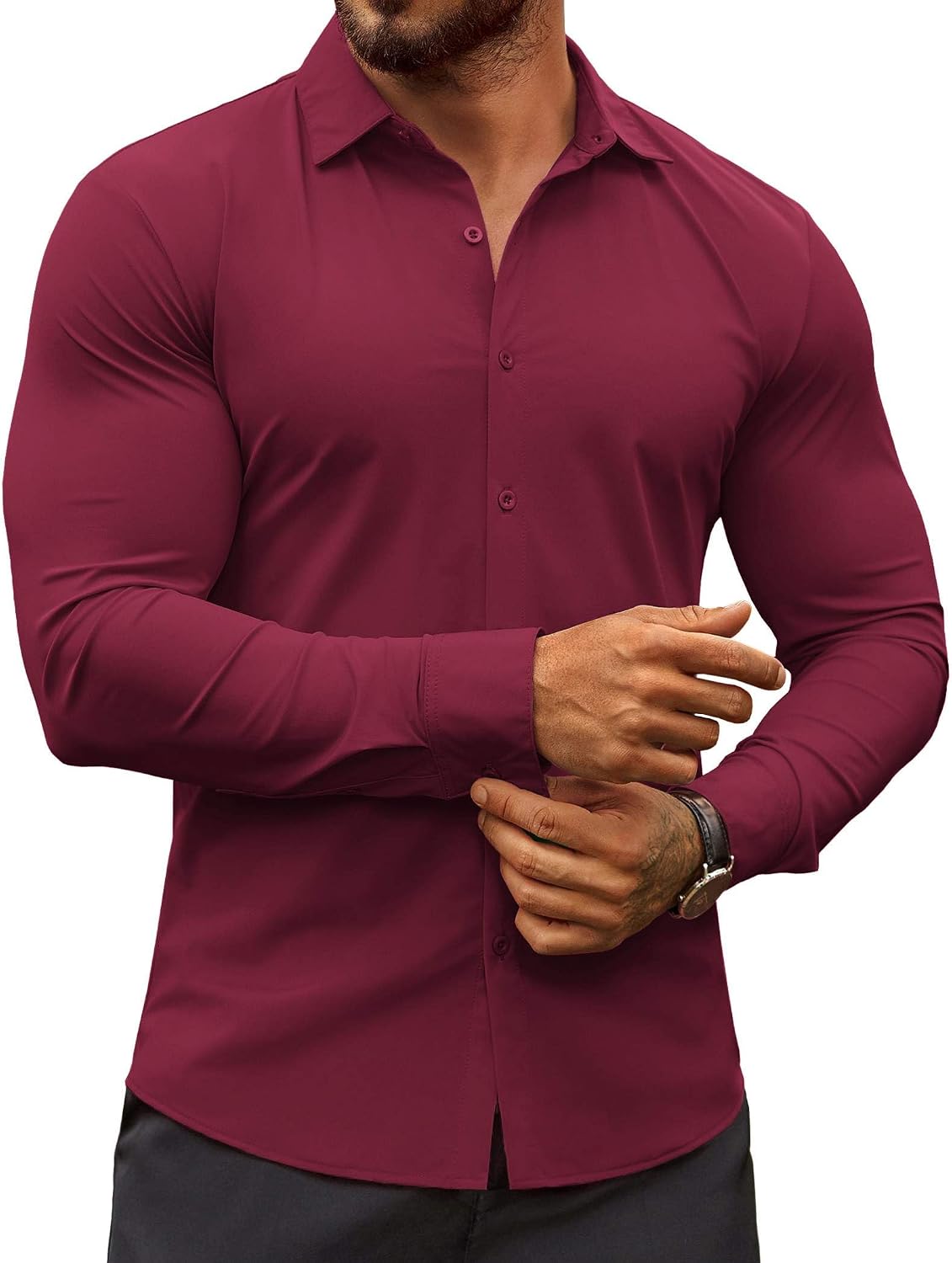 Men's Muscle Fit Dress Shirt - Wrinkle Free Long Sleeve Button Down for Business Casual and Evening Wear - White