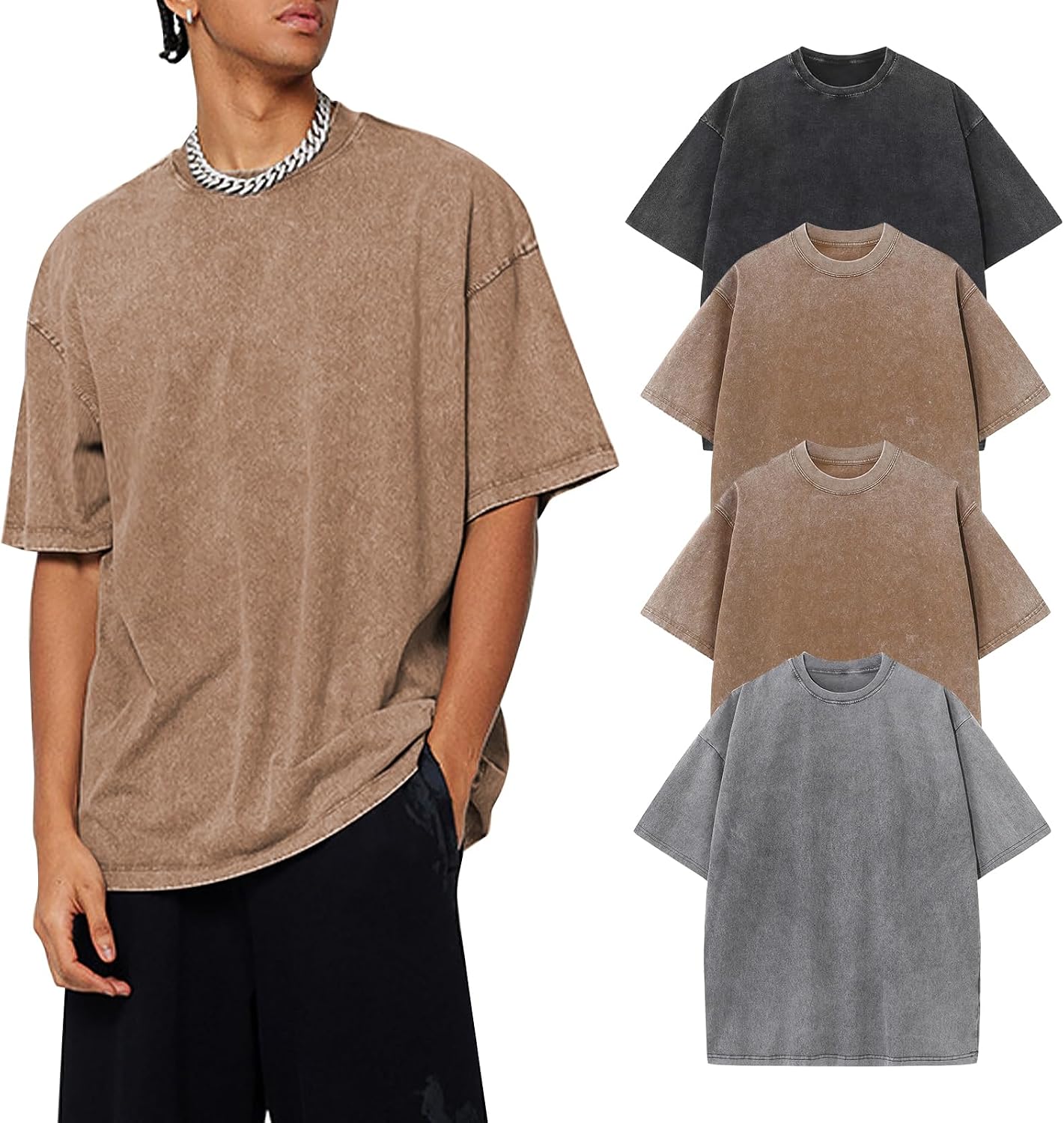 Men's Acid Wash Oversized Tee 4-Pack - Heavyweight Cotton Vintage Shirts with Faded Finish for Streetwear - Medium