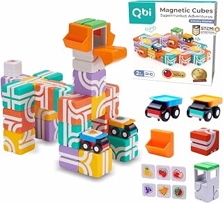 QBI Magnetic Cube Track Set, Pull-Back Car Trucks Track Blocks for Toddlers