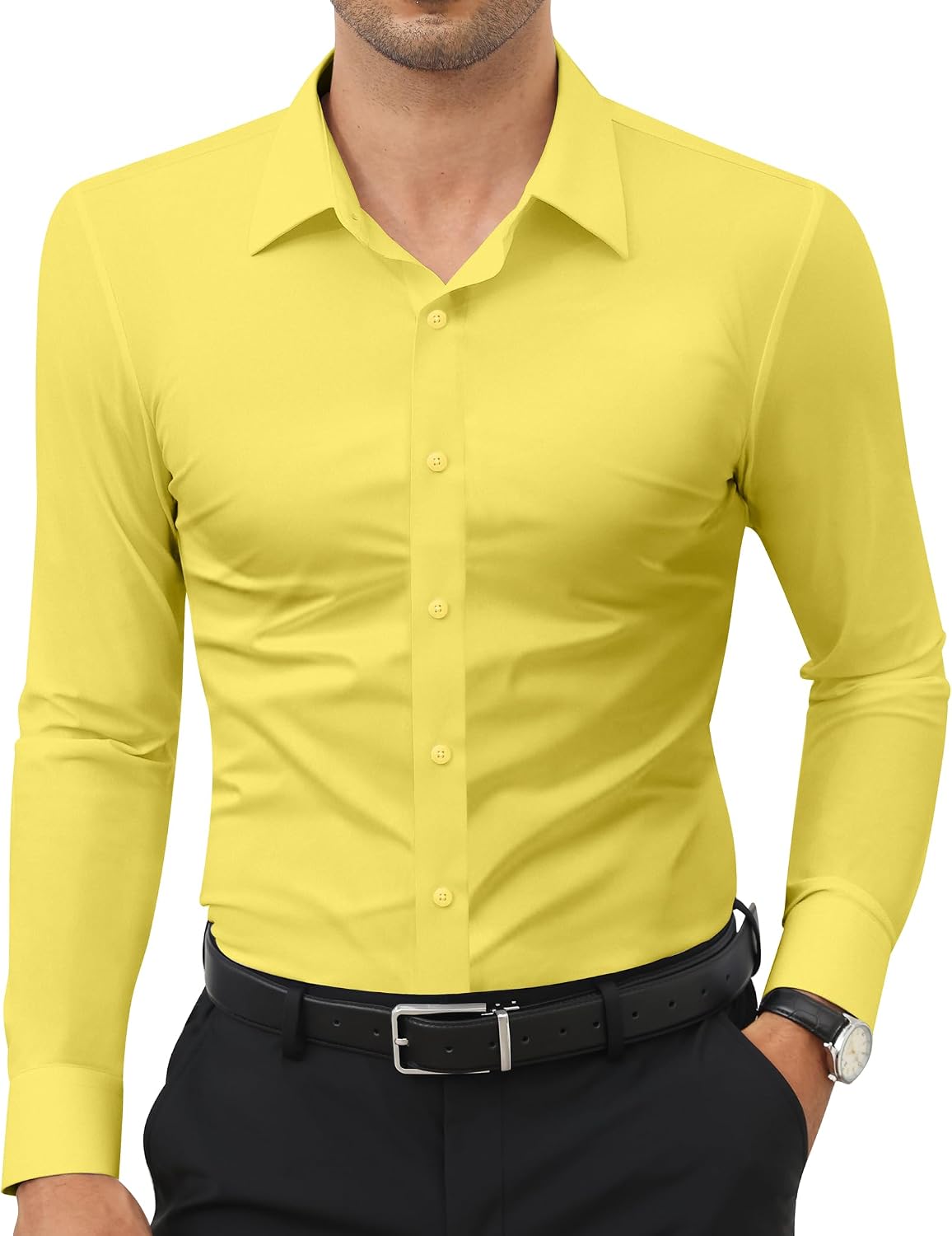 Men's Stretch Dress Shirt - Long Sleeve Slim Muscle Fit, Wrinkle Free Button Down for Office and Evening Wear - Small