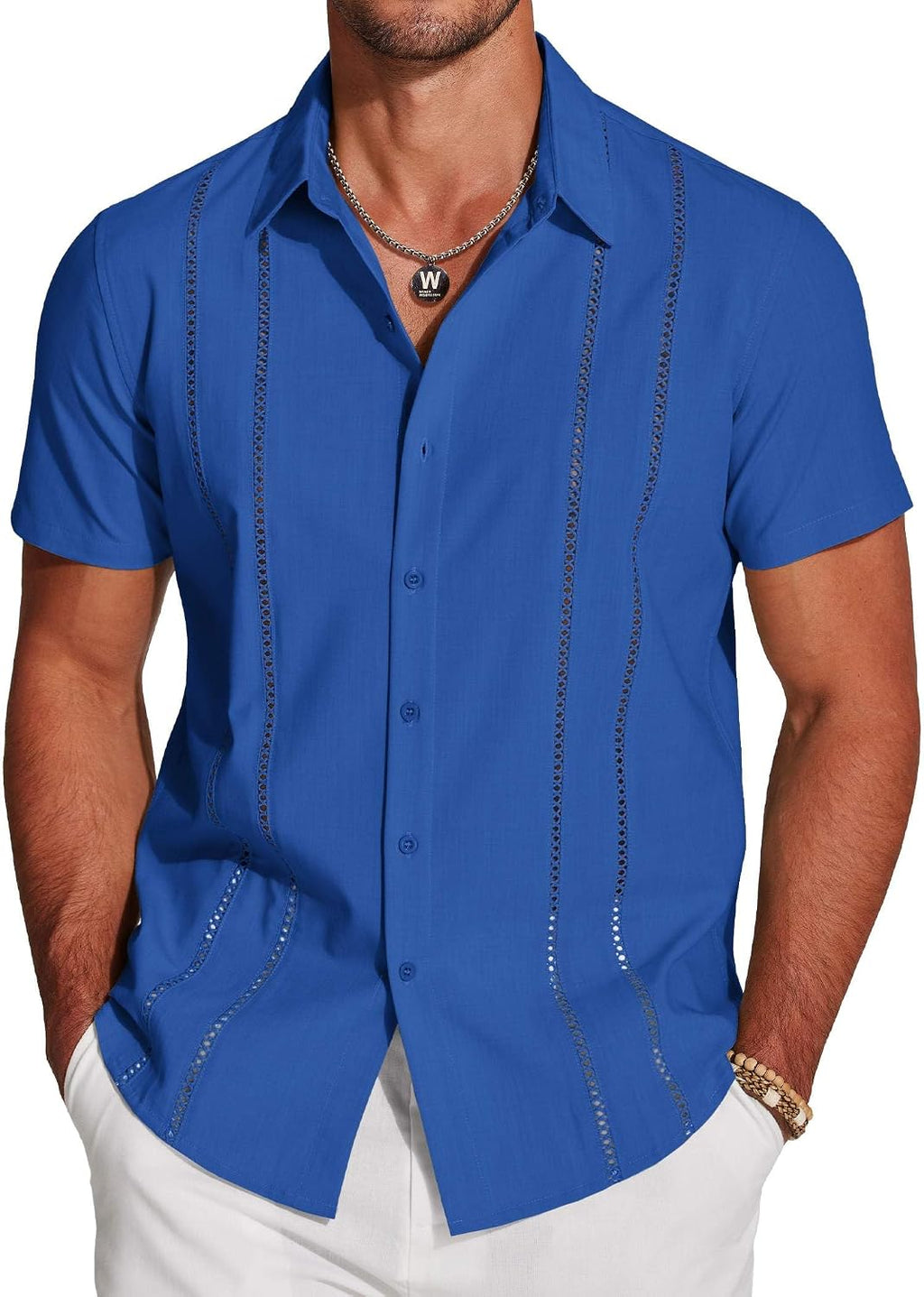 Men's Cuban Guayabera Shirt - Short Sleeve Linen Blend Button Down Casual Top for Summer Beach and Resort Days - White