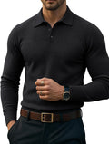 Men's Knit Polo Sweater - Long Sleeve Classic Golf Shirt with a Ribbed Collar for Cool Rounds and Office Days - Black