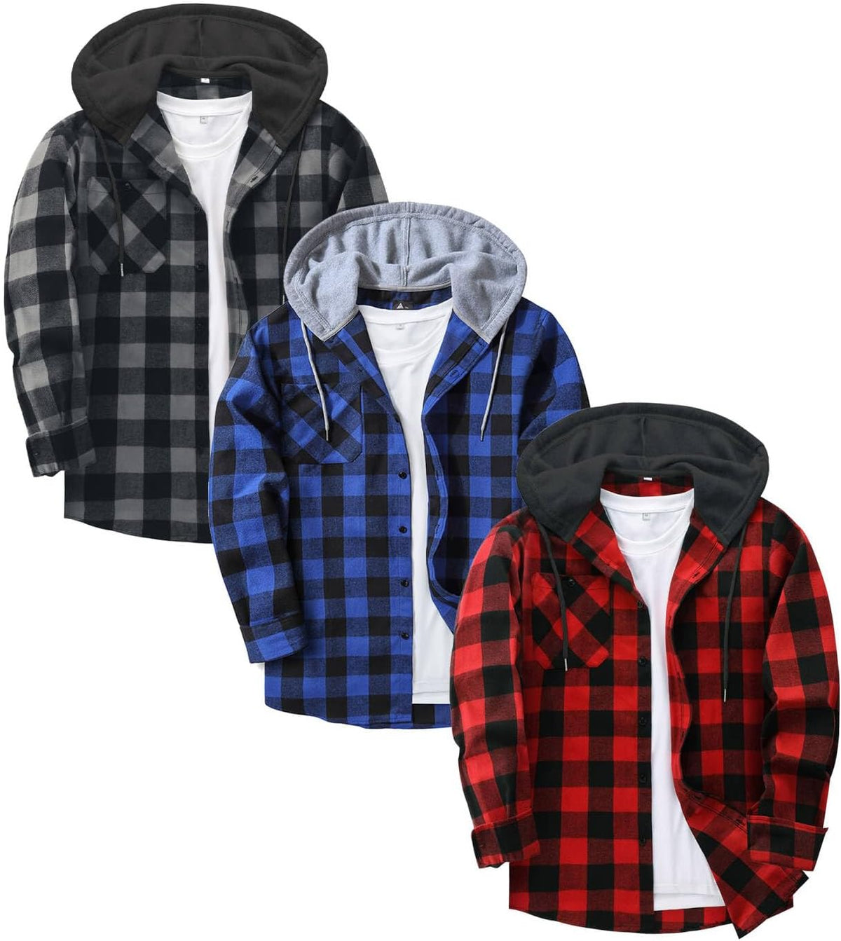 Men's Plaid Flannel Hooded Shirt 3-Pack - Long Sleeve Button Down Tops with Chest Pocket for Cold Weather Work - Blackre