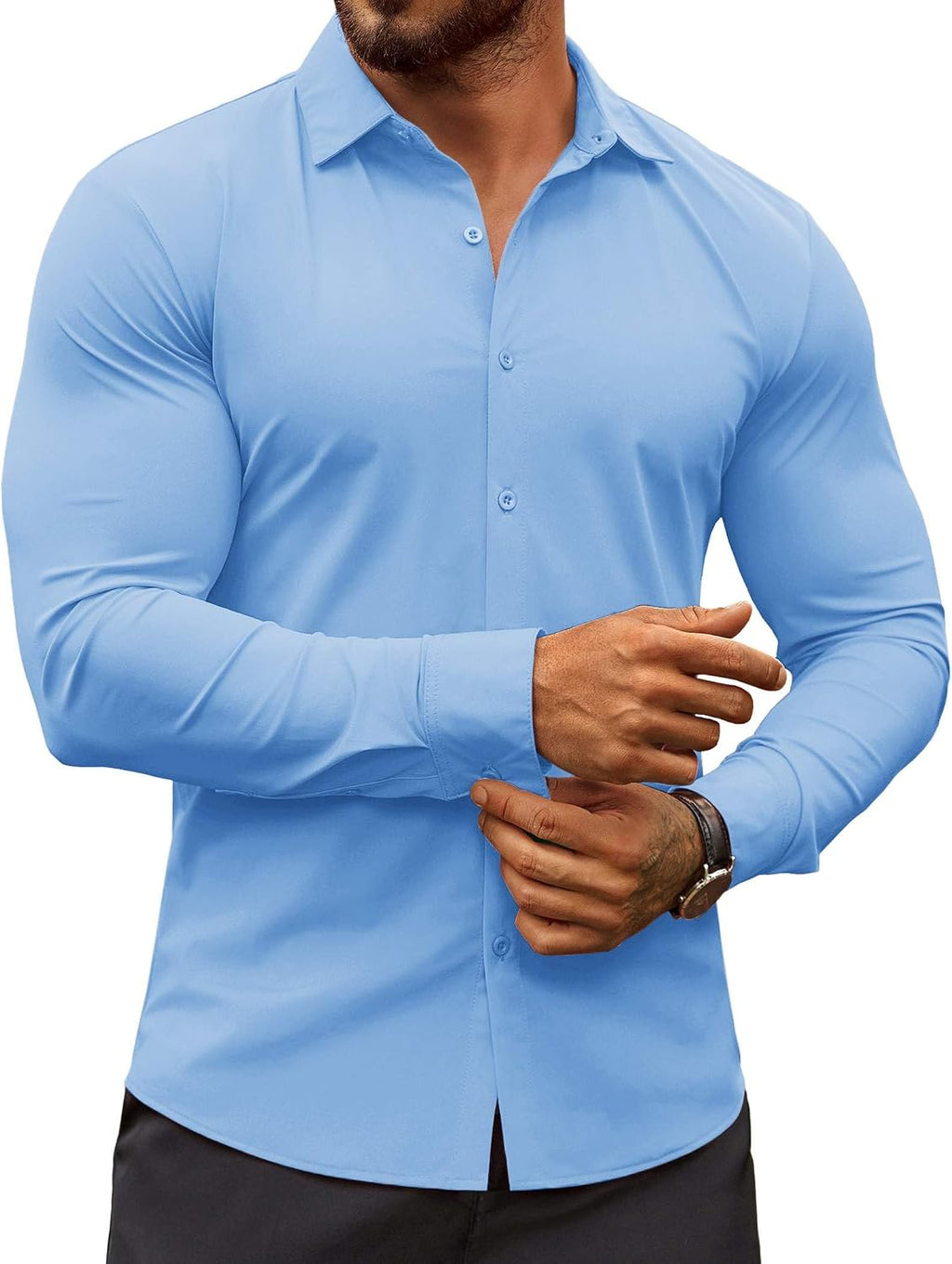 Men's Muscle Fit Dress Shirt - Wrinkle Free Long Sleeve Button Down for Business Casual and Evening Wear - Light Khaki
