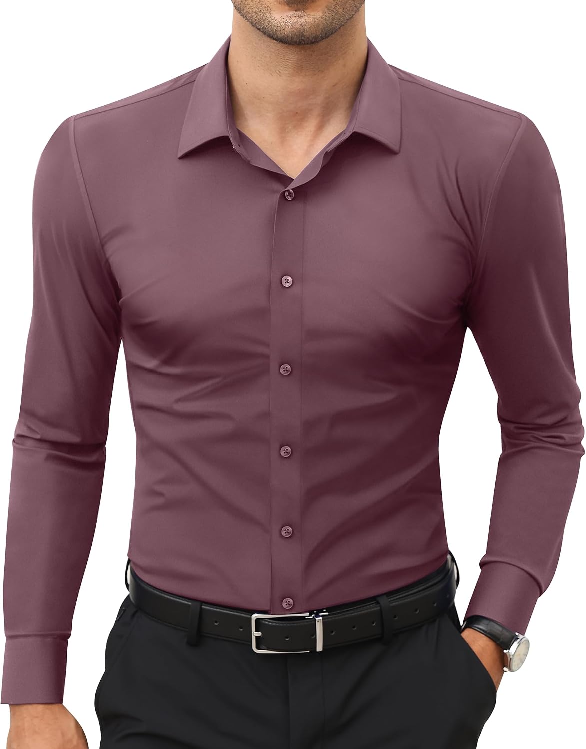 Men's Stretch Dress Shirt - Long Sleeve Slim Muscle Fit, Wrinkle Free Button Down for Office and Evening Wear - Medium