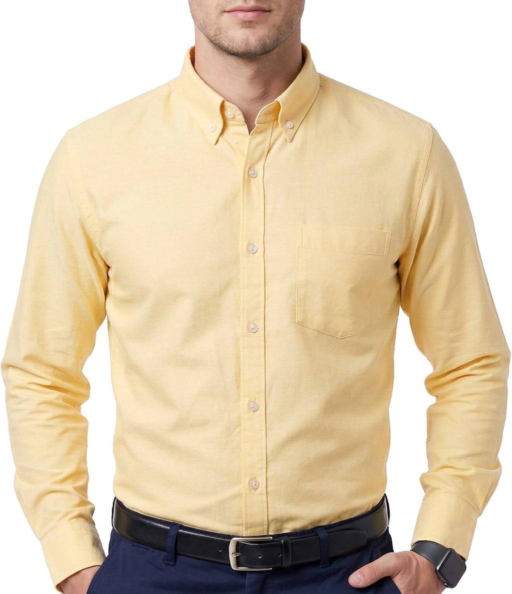 Men's Oxford Cotton Dress Shirt - Long Sleeve Regular Fit, Pre-Shrunk Button Down with Chest Pocket for Work - Large