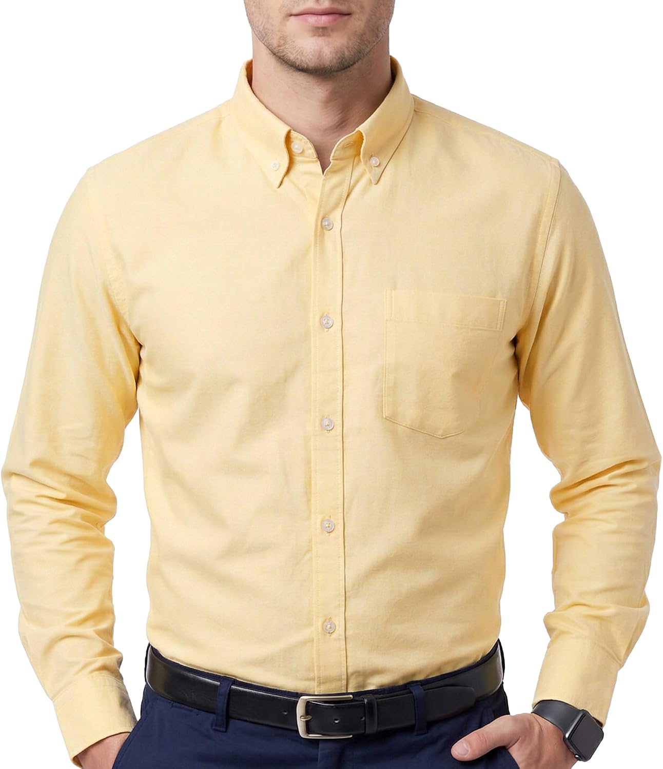 Men's Oxford Cotton Dress Shirt - Long Sleeve Regular Fit, Pre-Shrunk Button Down with Chest Pocket for Work - Large