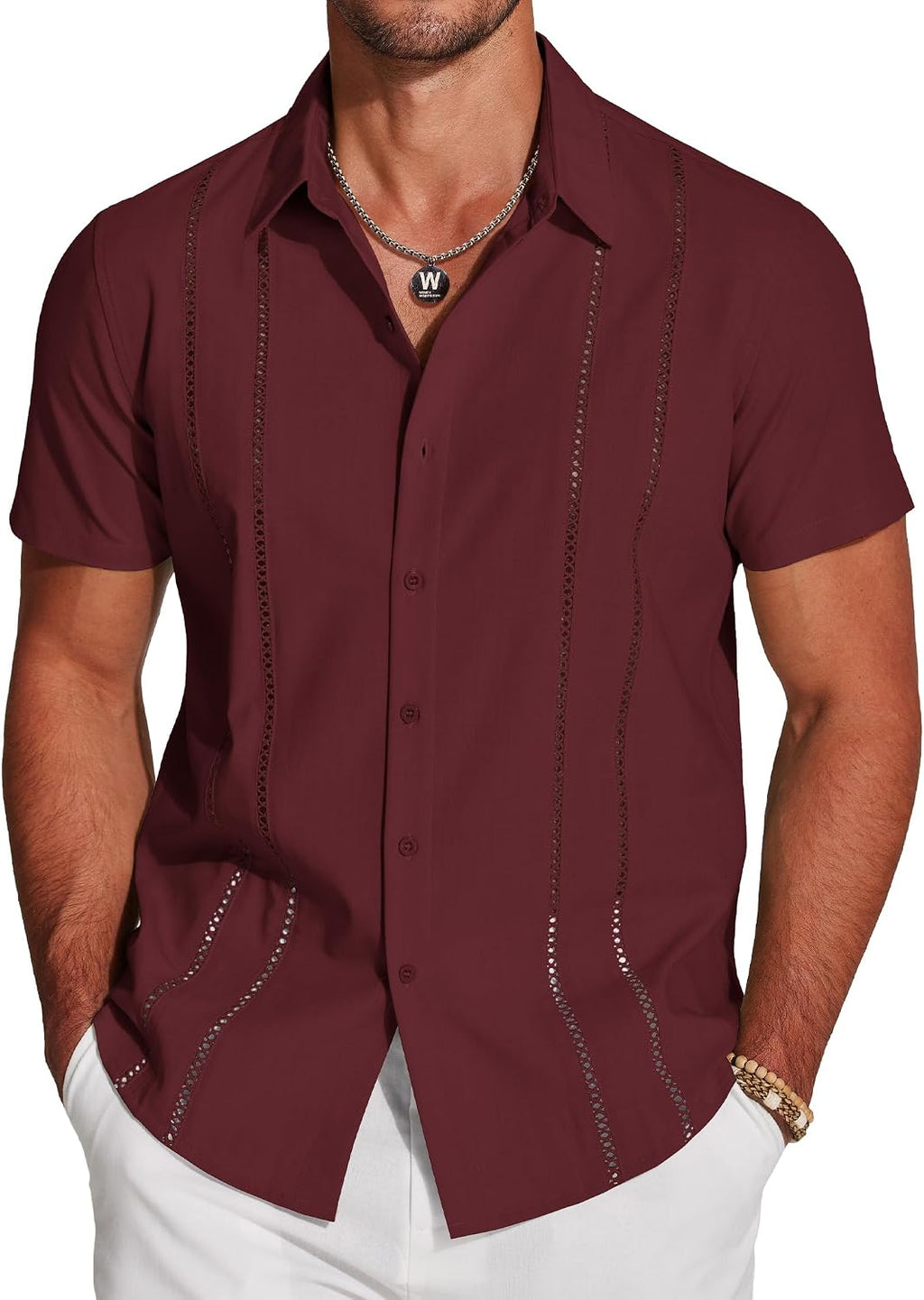 Men's Cuban Guayabera Shirt - Short Sleeve Linen Blend Button Down Casual Top for Summer Beach and Resort Days - Beige