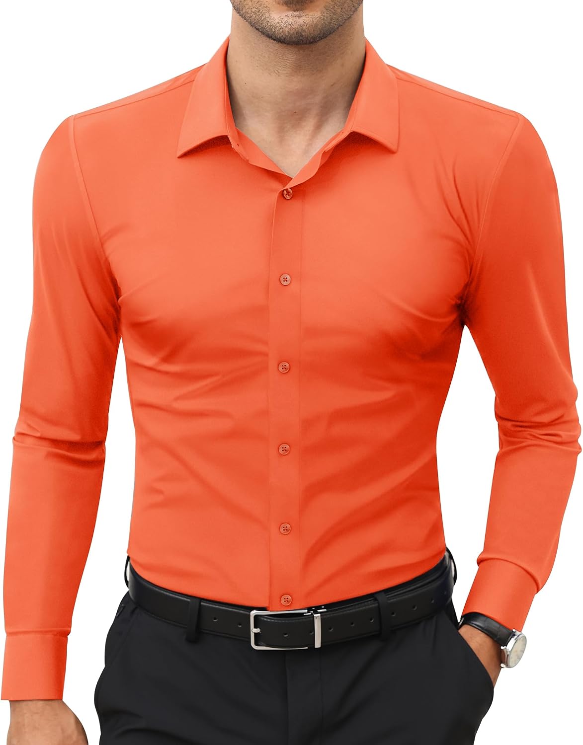 Men's Stretch Dress Shirt - Long Sleeve Slim Muscle Fit, Wrinkle Free Button Down for Office and Evening Wear - Medium