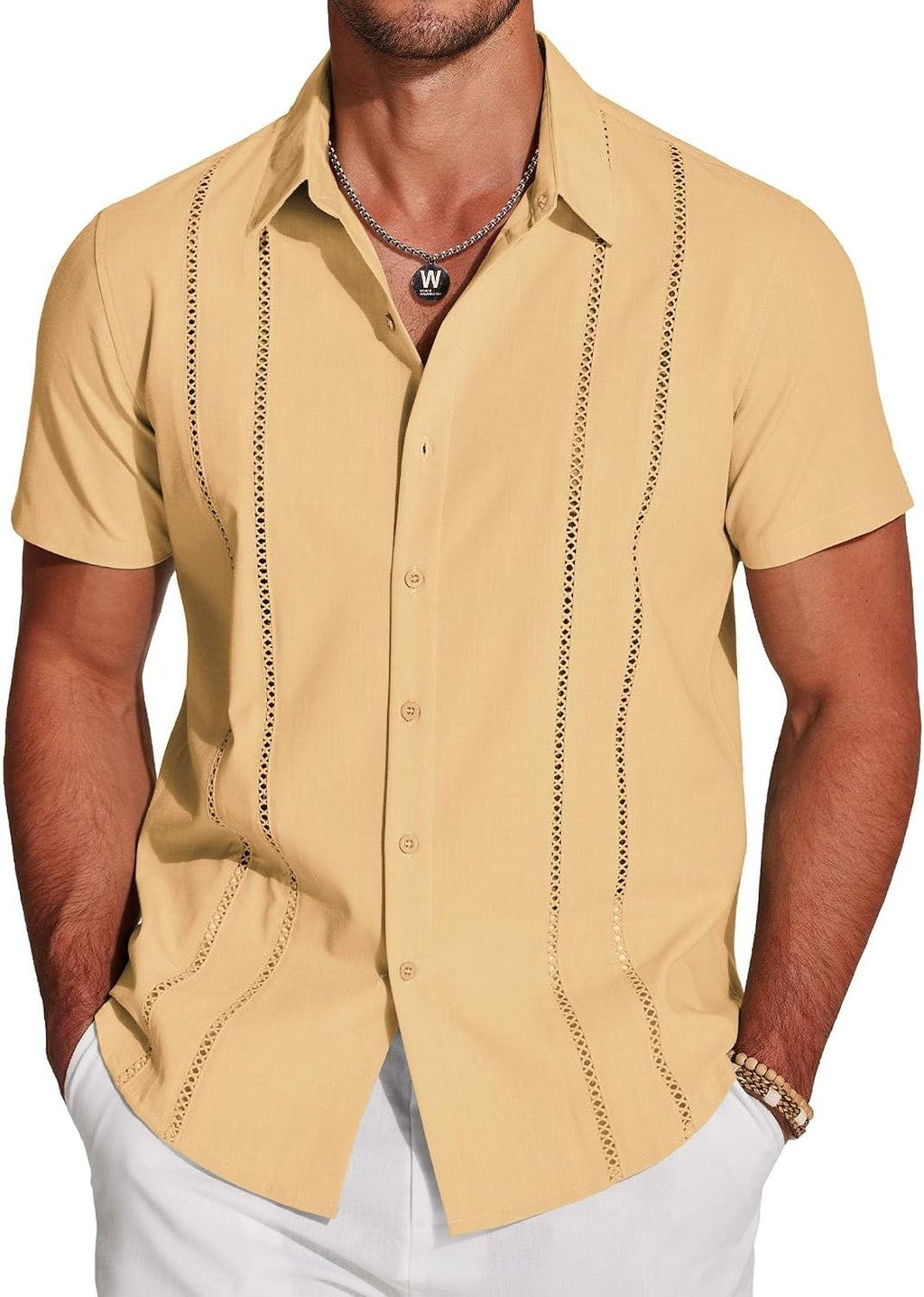 Men's Cuban Guayabera Shirt - Short Sleeve Linen Blend Button Down Casual Top for Summer Beach and Resort Days - Dark Bl