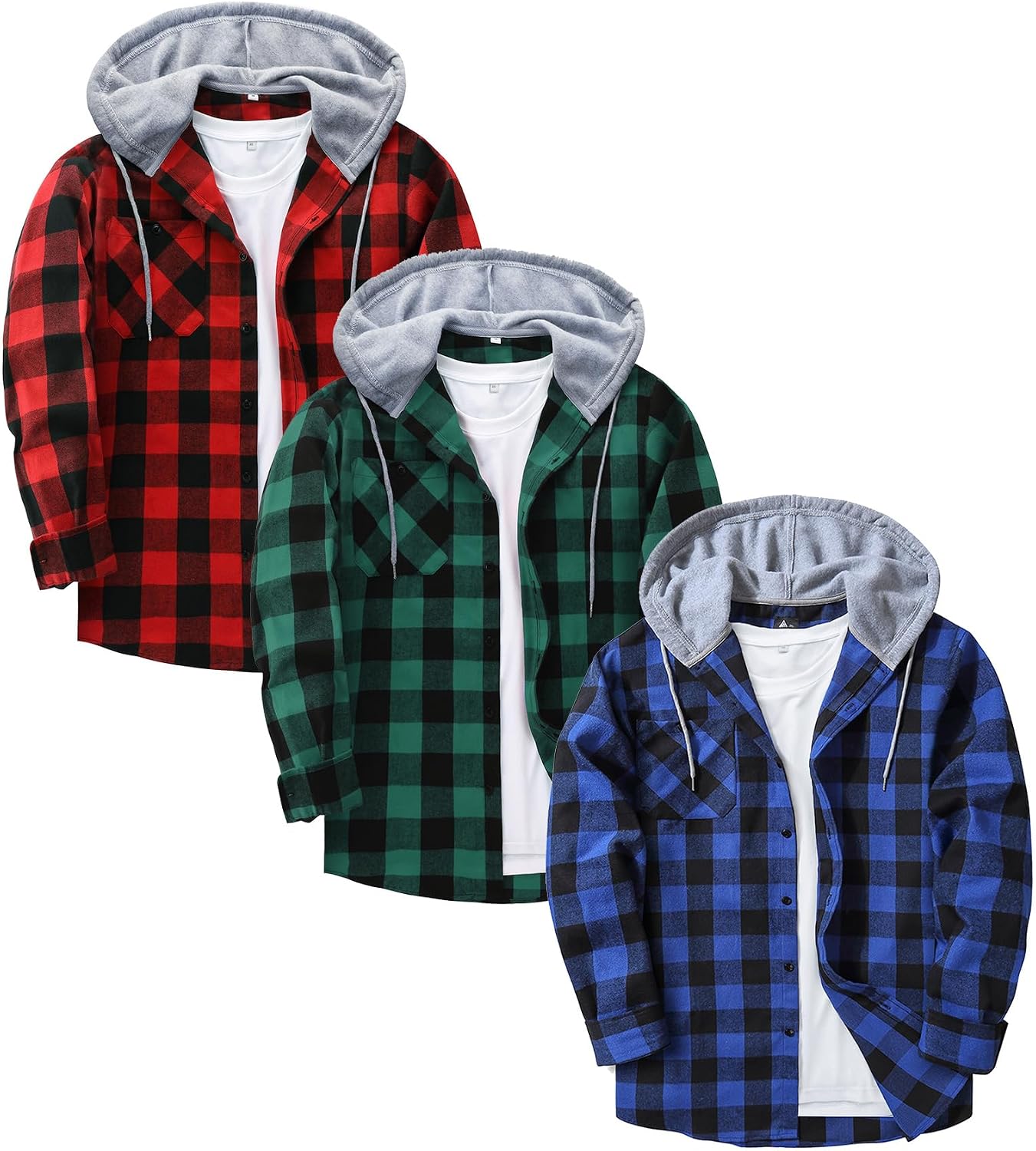 Men's Plaid Flannel Hooded Shirt 3-Pack - Long Sleeve Button Down Tops with Chest Pocket for Cold Weather Work - Blackre