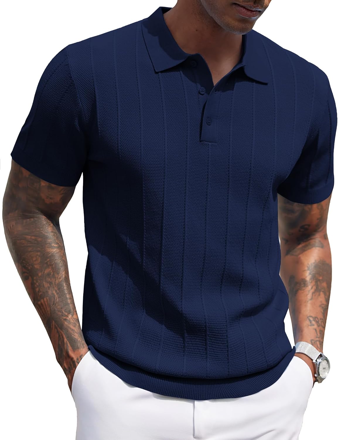 Men's Ribbed Knit Polo Shirt - Short Sleeve Textured Collared Top, Lightweight for Golf and Casual Evenings - Light Blue