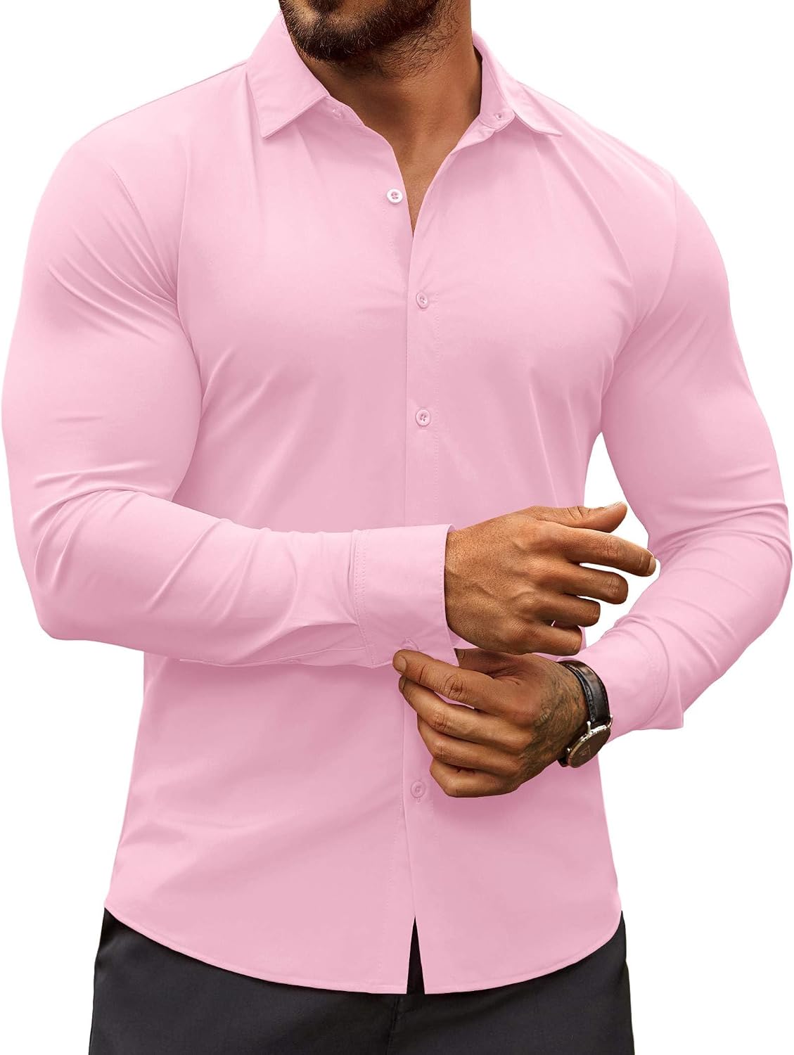 Men's Muscle Fit Dress Shirt - Wrinkle Free Long Sleeve Button Down for Business Casual and Evening Wear - White (15)