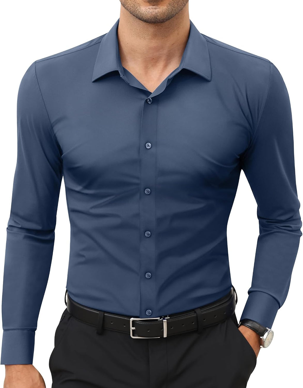 Men's Stretch Dress Shirt - Long Sleeve Slim Muscle Fit, Wrinkle Free Button Down for Office and Evening Wear - Large