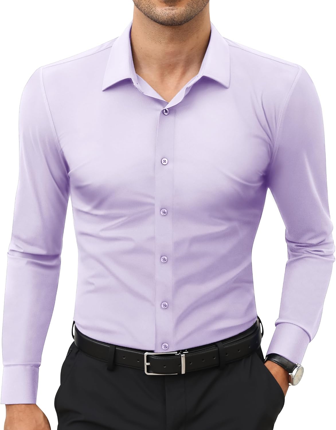 Men's Stretch Dress Shirt - Long Sleeve Slim Muscle Fit, Wrinkle Free Button Down for Office and Evening Wear - Medium