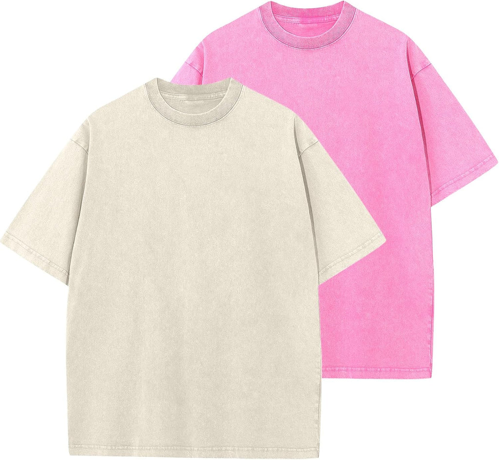 Unisex Vintage Washed Cotton Tee - Oversized Loose Fit, Short Sleeve Crew Neck Top for Relaxed Everyday Styling - Large