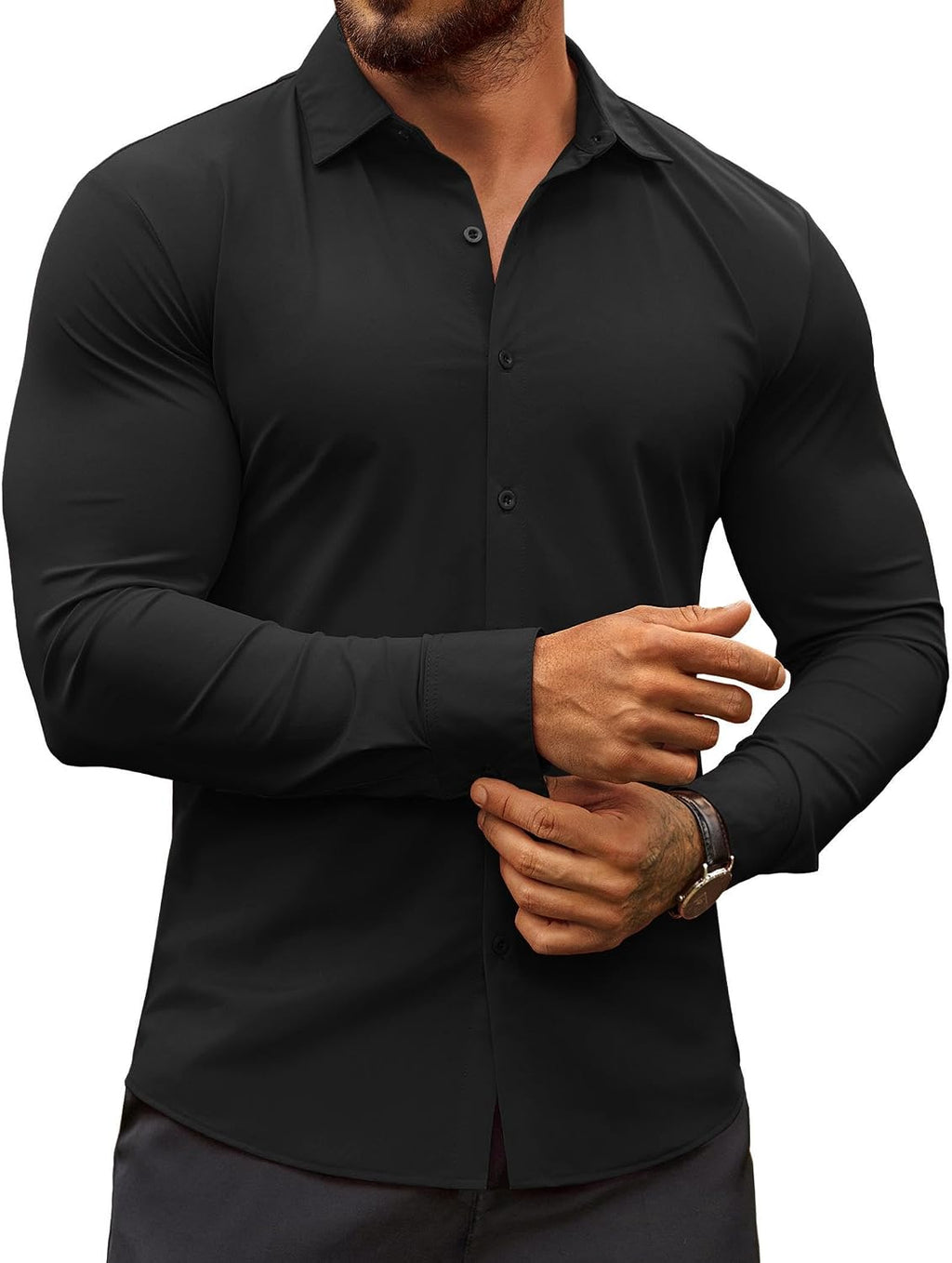 Men's Muscle Fit Dress Shirt - Wrinkle Free Long Sleeve Button Down for Business Casual and Evening Wear - Black