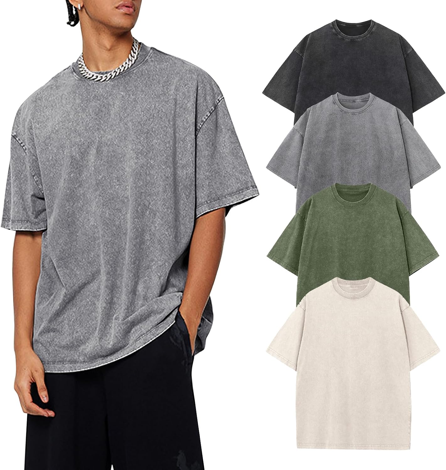 Men's Acid Wash Oversized Tee 4-Pack - Heavyweight Cotton Vintage Shirts with Faded Finish for Streetwear - Medium