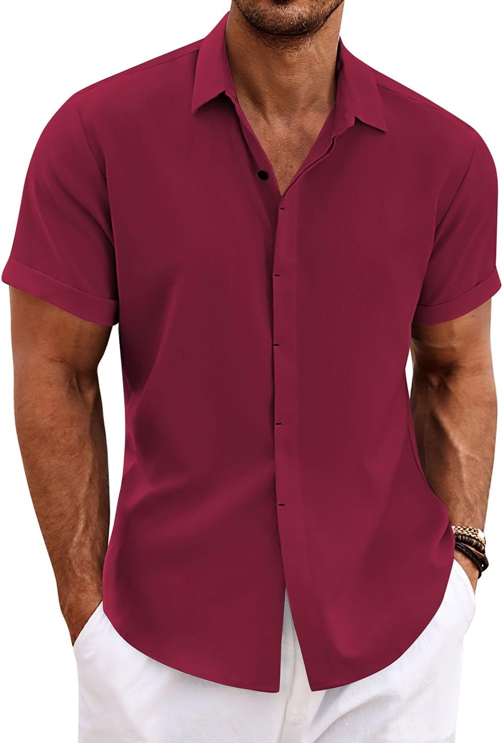 Men's Linen Blend Short Sleeve Shirt - Button Down Casual Fit, Lightweight and Breathable for Summer Beach Weddings - La